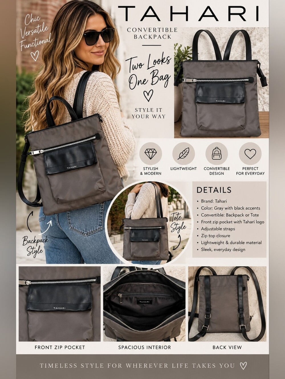 Tahari Gray and Black Convertible Backpack Tote
